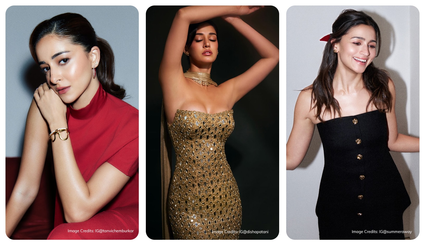 Ananya Panday in red dress, Disha Patani in gold outfit and Alia BHatt in black dress