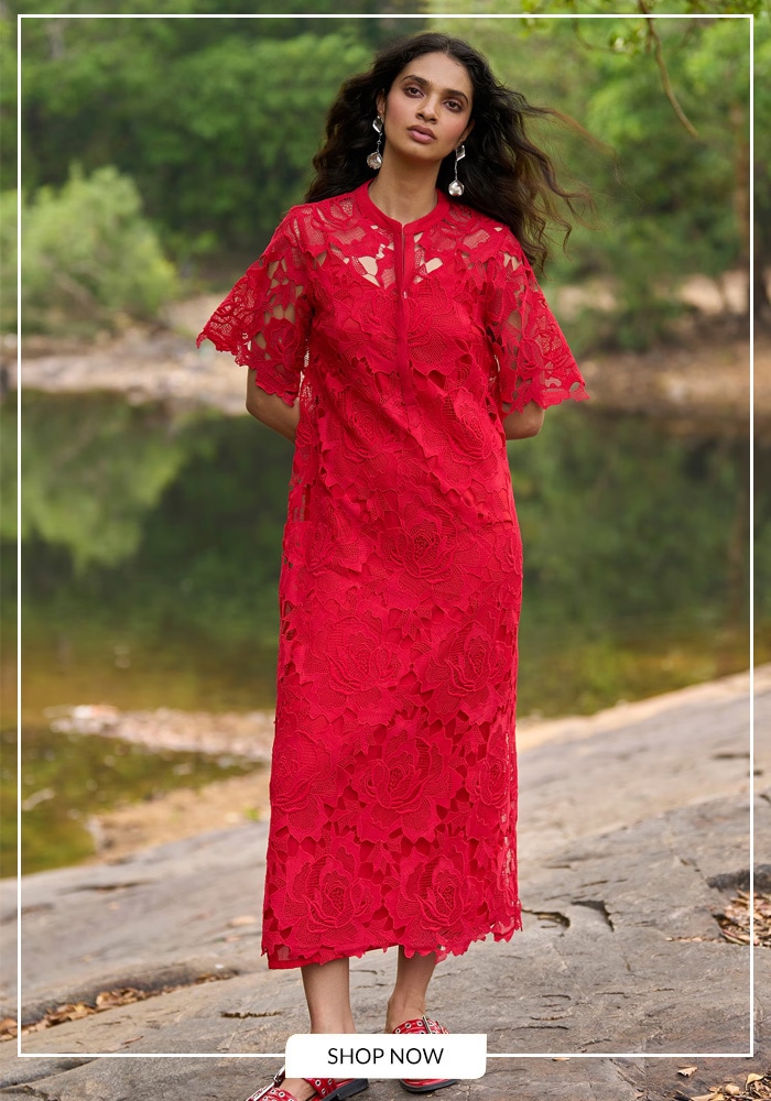 Red cutwork midi dress