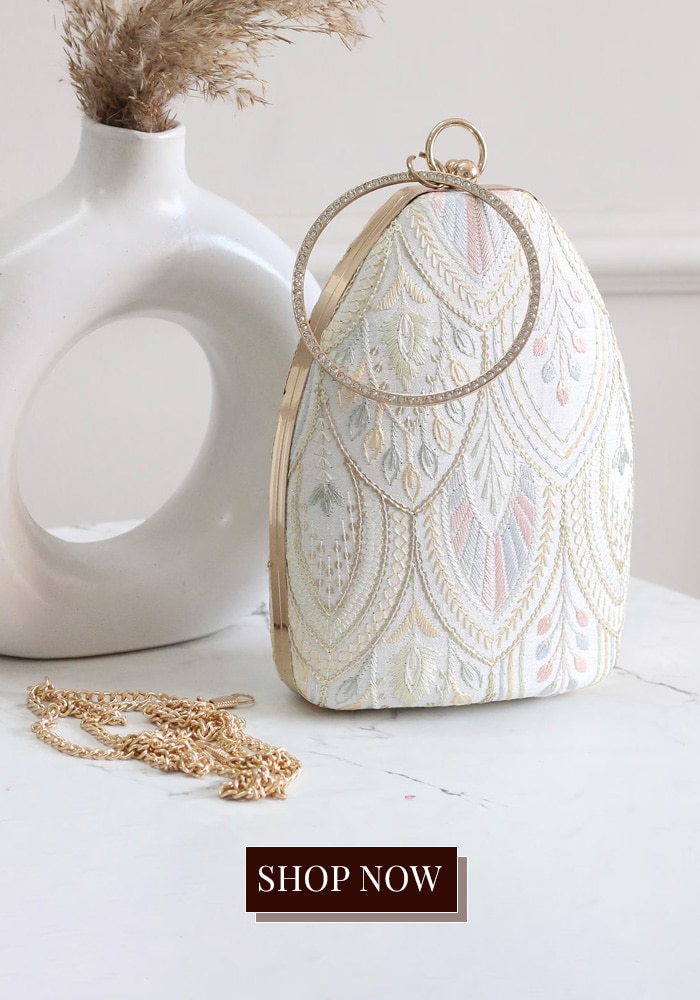 White floral thread embroidered clutch