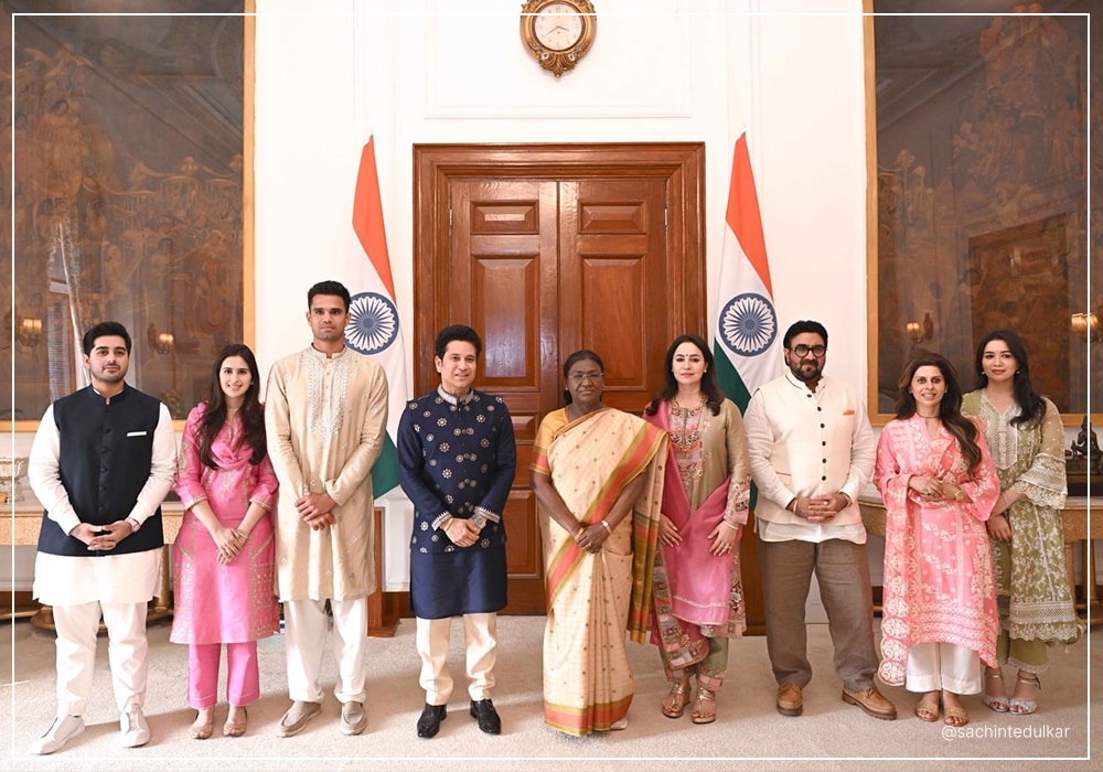 Arjun Tendulkar and Saaniya Chandhok with President Draupadi Murmu