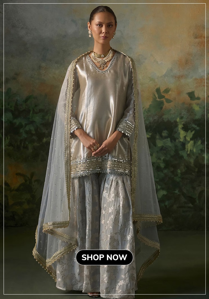 Blue-Brocade-Georgette-Net-Mirrors-Sequins-Kurta-And-Jacquard-Sharara-Set