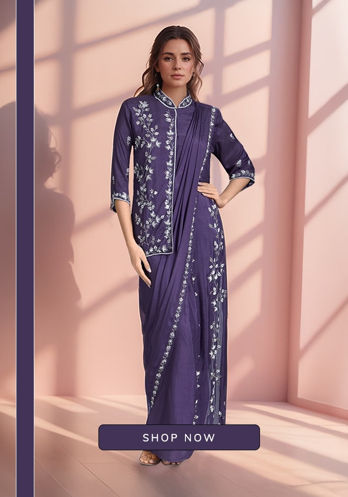 Blue embroidered blazer saree