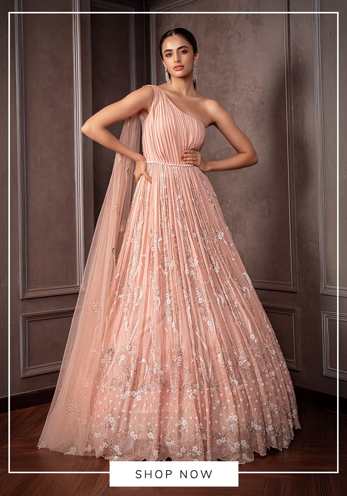 Blush pink one-shoulder gown