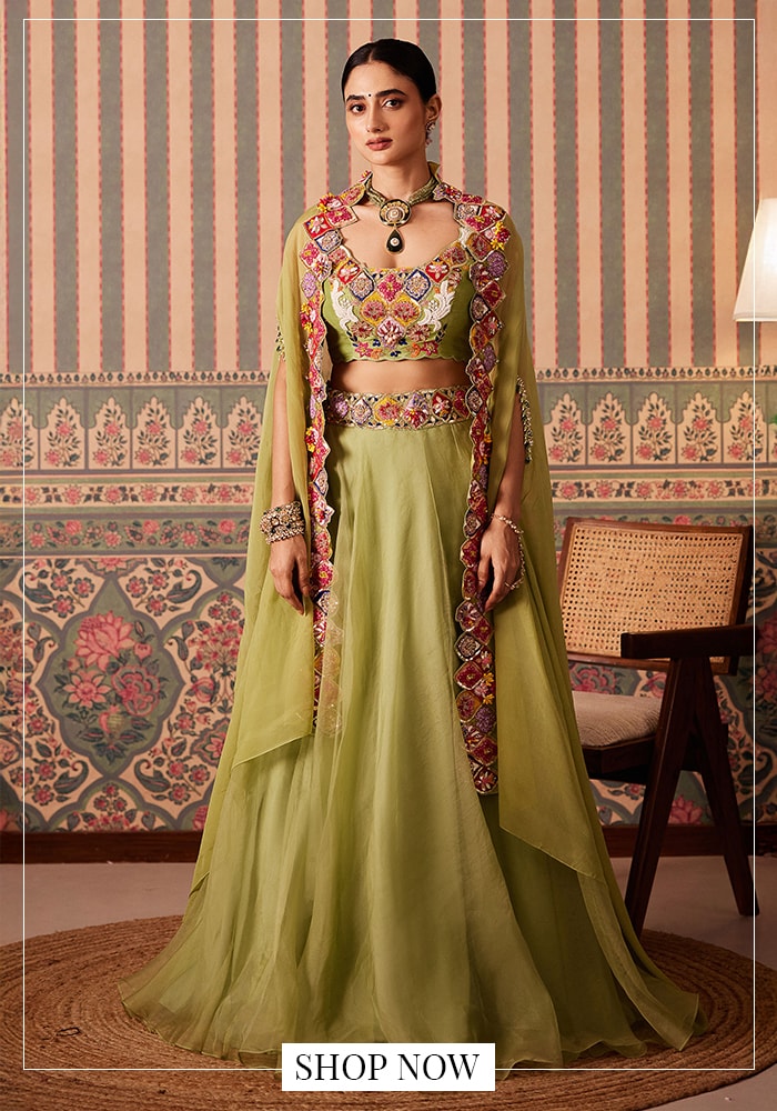 Green applique embroidered cape lehenga set