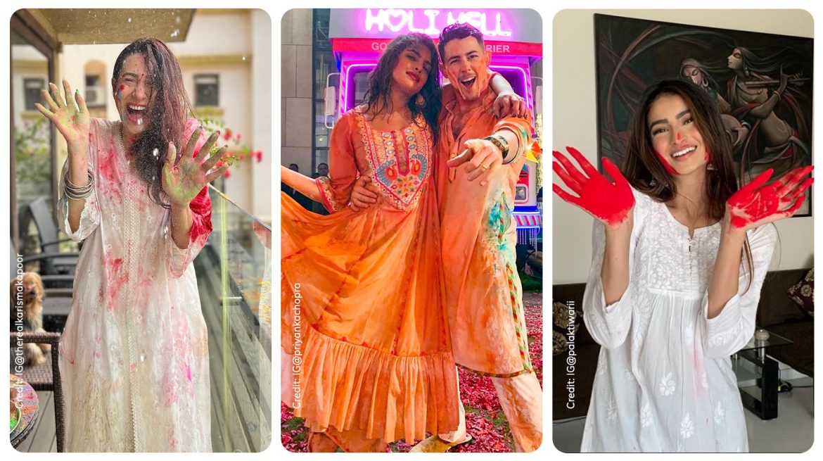 Karisma Kapoor in the left wearing white relaxed kurta playing holi, Priyanka Chopra and Nick Jonas in the center and Palak Tiwari in the right