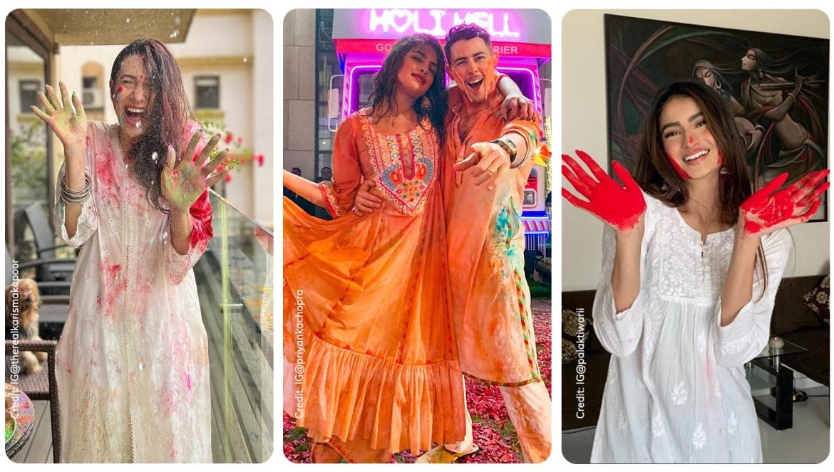 Karisma Kapoor in the left wearing white relaxed kurta playing holi, Priyanka Chopra and Nick Jonas in the center and Palak Tiwari in the right