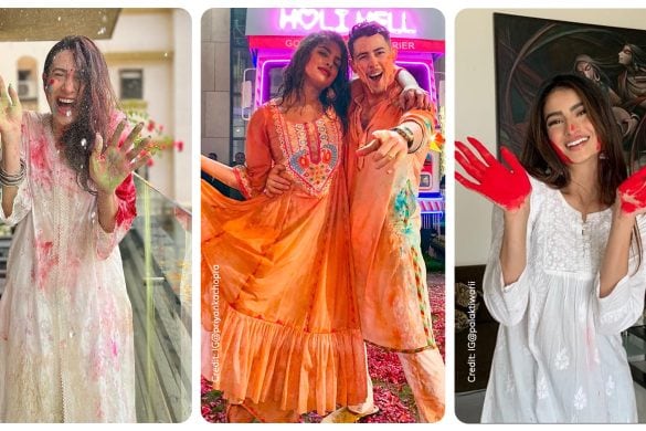 Karisma Kapoor in the left wearing white relaxed kurta playing holi, Priyanka Chopra and Nick Jonas in the center and Palak Tiwari in the right