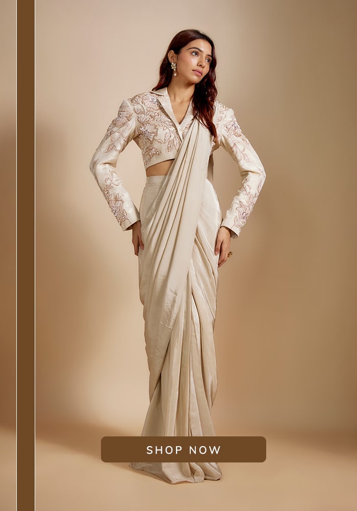 Masumi Mewawalla cropped white blazer and white saree