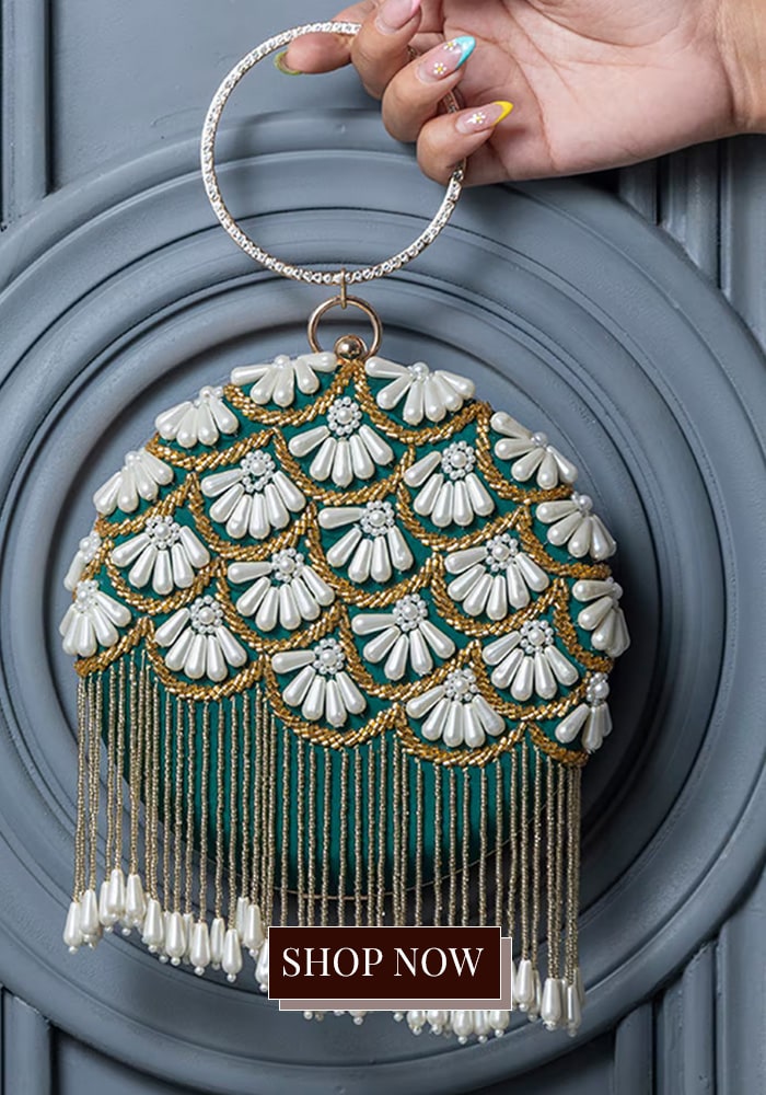 Green pearl embroidered clutch