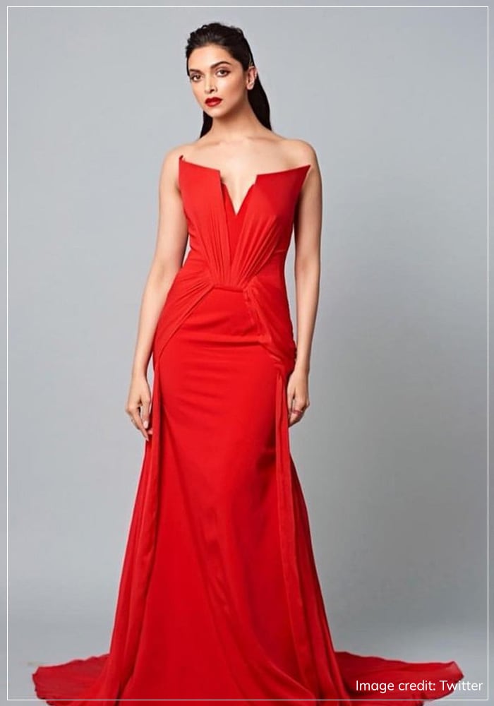 Deepika Padukone wearing red Gaurav Gupta gown