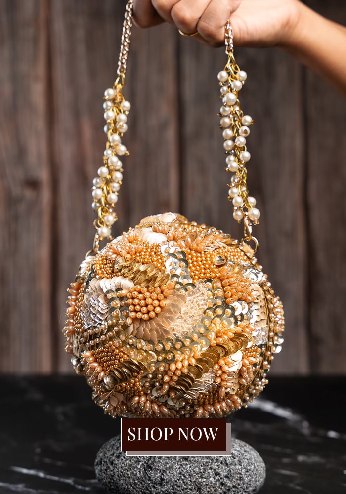 Gold and white crystal embroidered ball potli bag