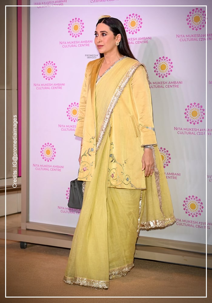 Karisma Kapoor wearing butter yellow Anavila saree