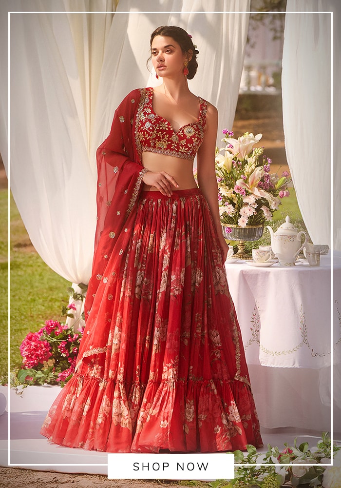 Red printed lehenga