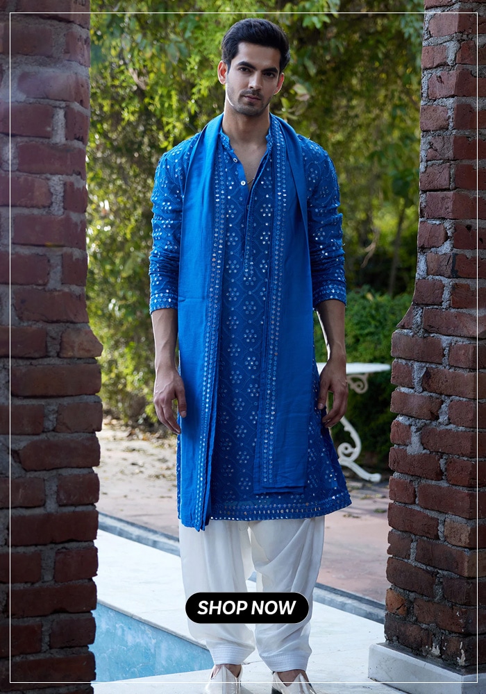 Blue mirror-embroidered kurta pyjama set