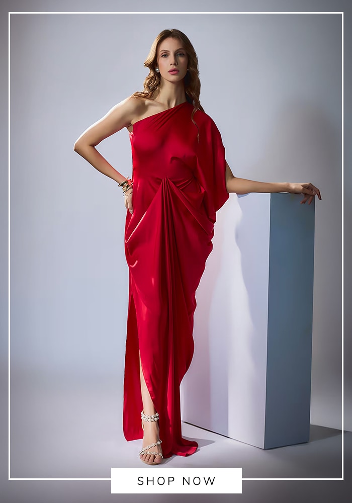 one shoulder red gown