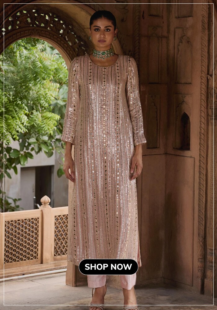 Peach-Georgette-Silk-Mirrors-Sequins-Embroidery-Round-Neck-Kurta-Set