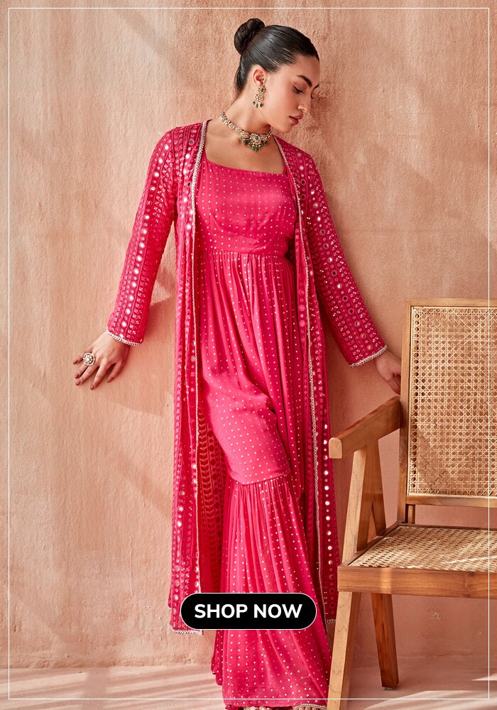 Pink-Georgette-Mirrors-Scoop-Neck-Open-Mukaish-Jumpsuit-With-Jacket