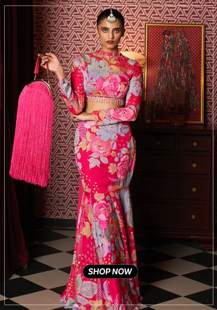 Pink floral printed draped skirt and blouse set