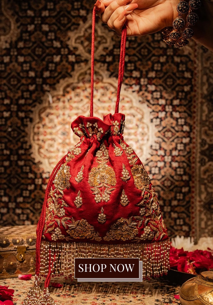 Red embroidered potli bag