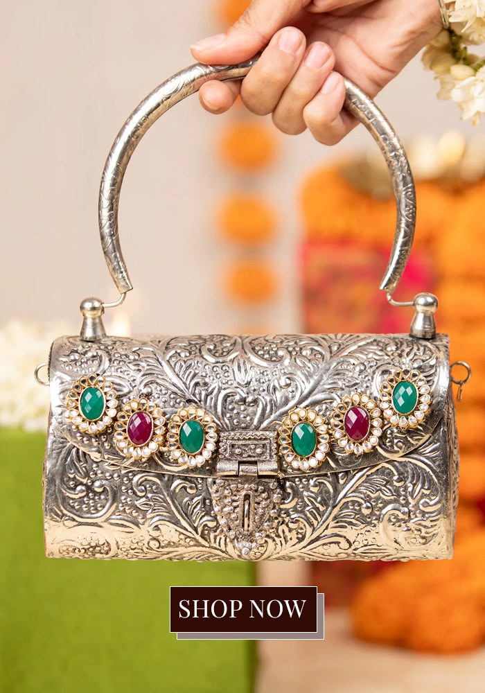 Silver embellished top handle bag
