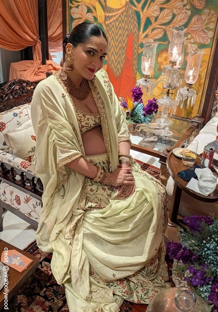 Sonam Kapoor wearing lime-green floral printed lehenga at her baby shower