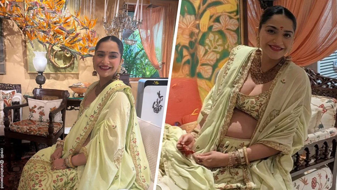 Sonam Kapoor in a lime-green printed cape lehenga