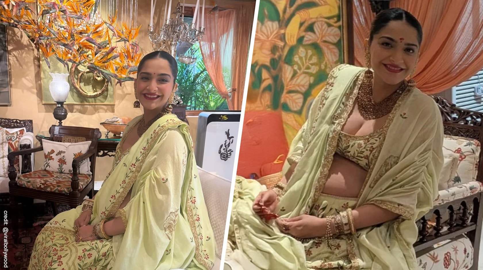 Sonam Kapoor in a lime-green printed cape lehenga