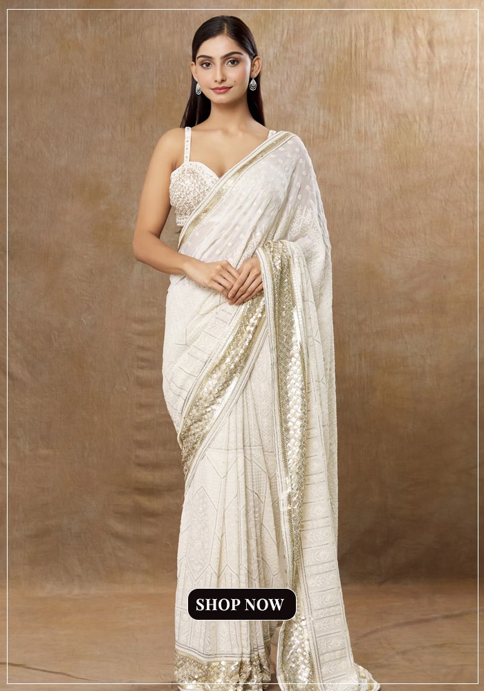 White chikankari work saree