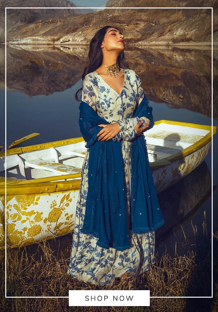 White printed anarkali with blue dupatta