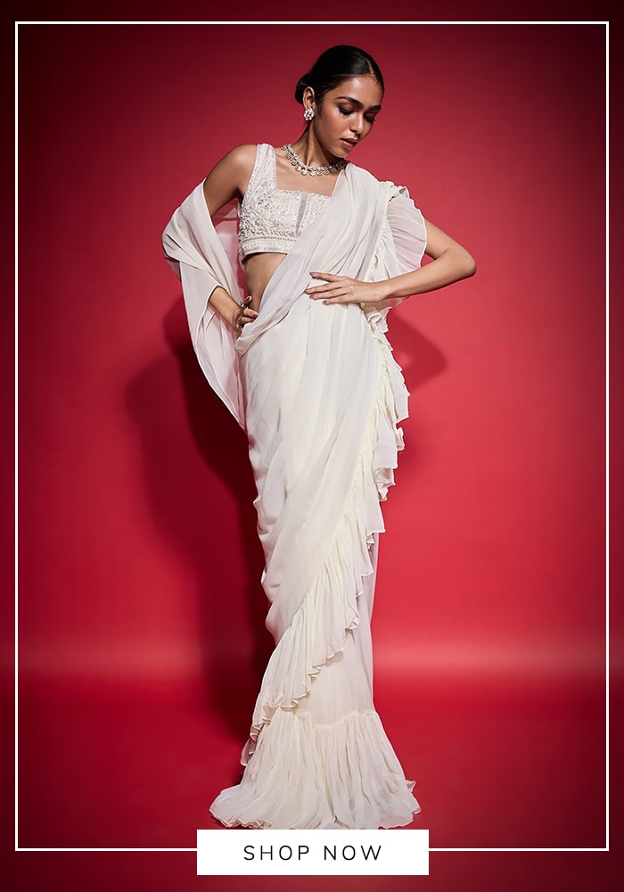 White ruffled saree