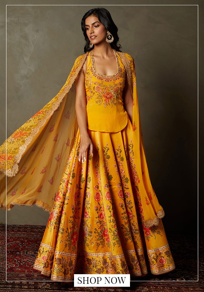 Orange scoop neck floral printed lehenga
