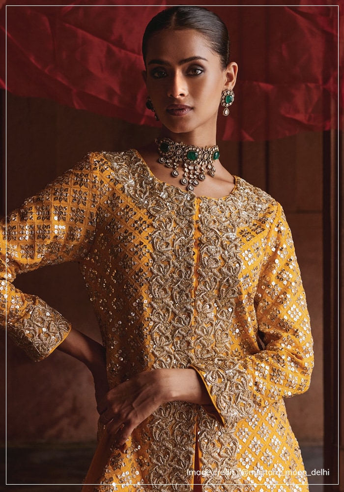 Mustard Moon yellow mirror embroidered full sleeve kurta