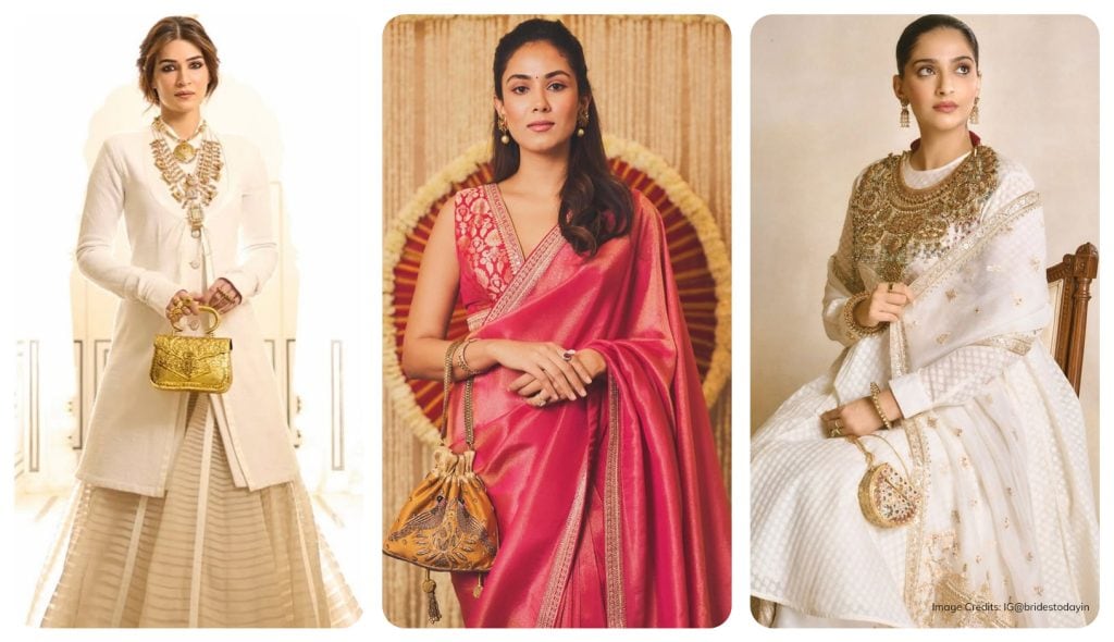 Kriti Sanon in white jacket lehenga holding a golden clutch, Mira Kapoor wearing a golden potli bag and Sonam Kapoor wearing a white anarkali holding a mini golden bag