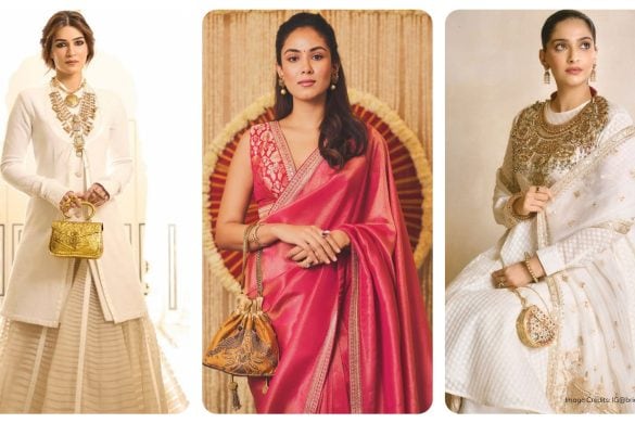 Kriti Sanon in white jacket lehenga holding a golden clutch, Mira Kapoor wearing a golden potli bag and Sonam Kapoor wearing a white anarkali holding a mini golden bag