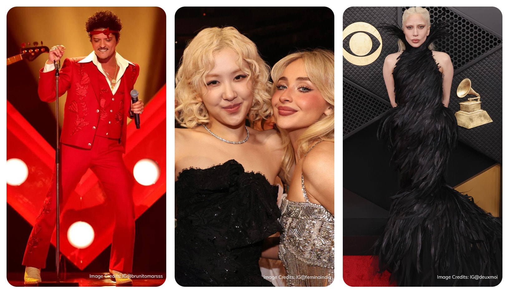 Grammys 2026, Bruno Mars in left, Rose and Sabrina Carpentar in the middle and Lady Gaga in the right