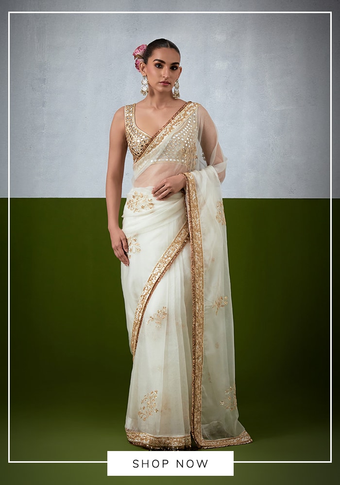 Ivory saree with gold border and delicate embroidery for Mahashivratri