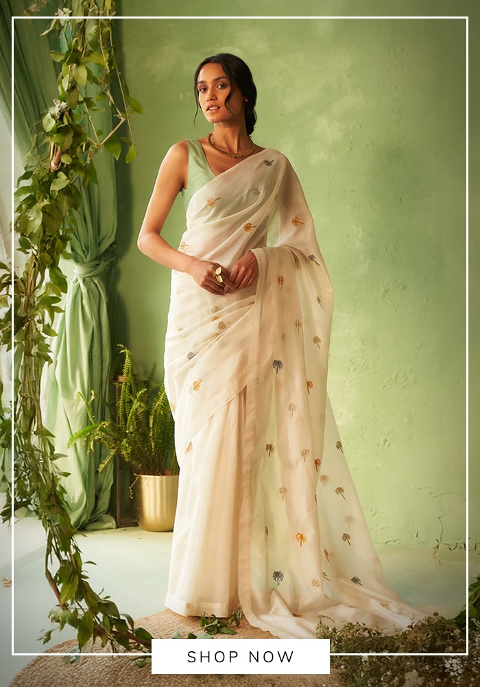 Ivory saree with minimal embroidery and soft drape