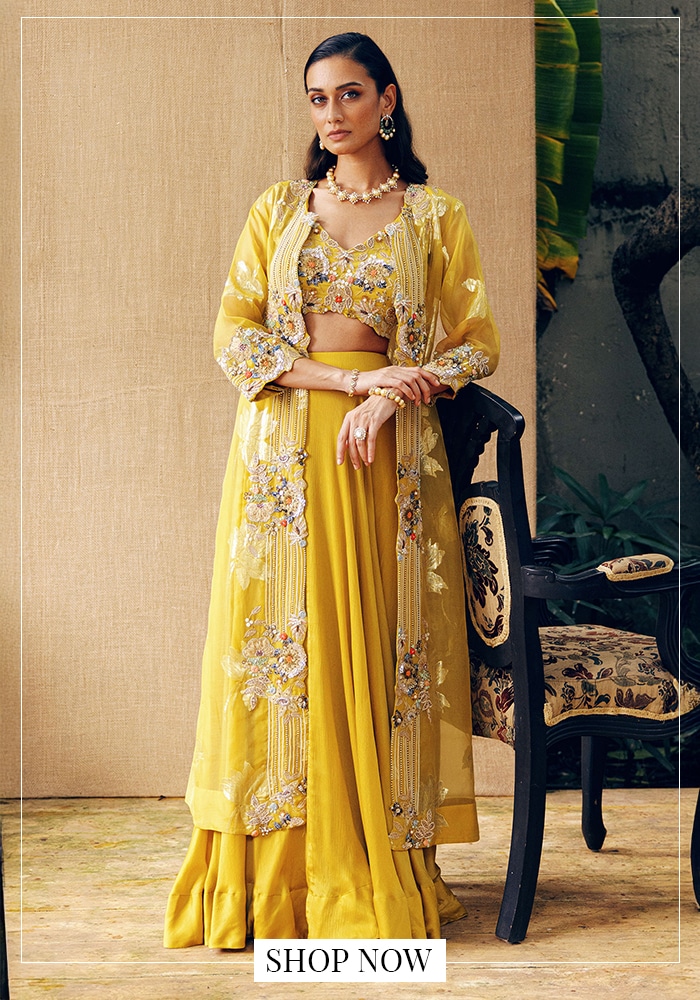 Yellow chanderi floral zardozi embroidered lehenga