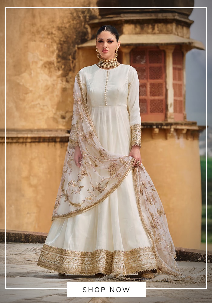 White anarkali set with embroidered dupatta in classic heritage styling