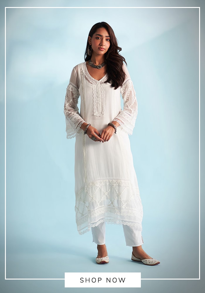White cotton kurta set with lace detailing in minimal styling