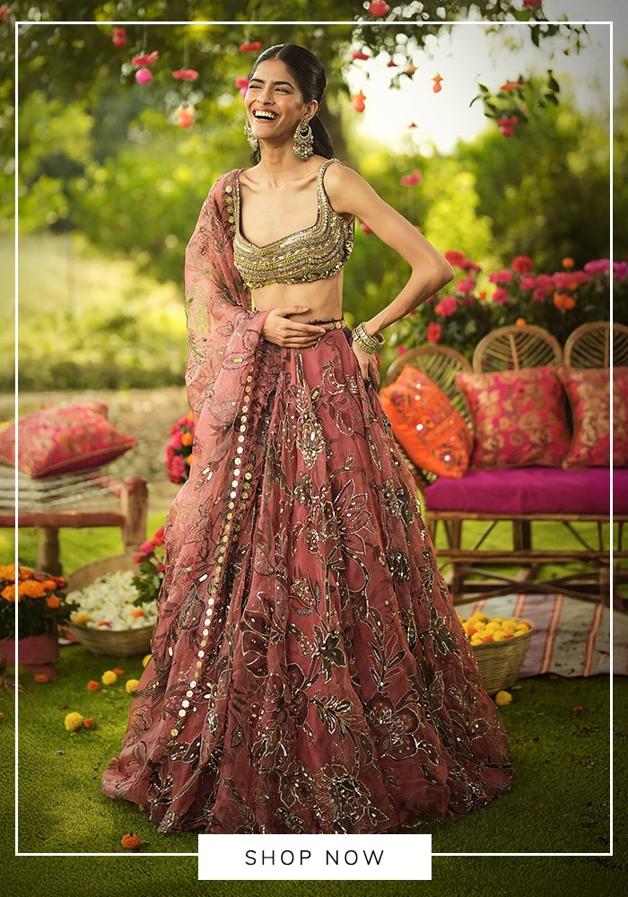 Mahima Mahajan 
Pink Organza Sequins, Embroidery, Zari Square Neck Designer Lehenga Set