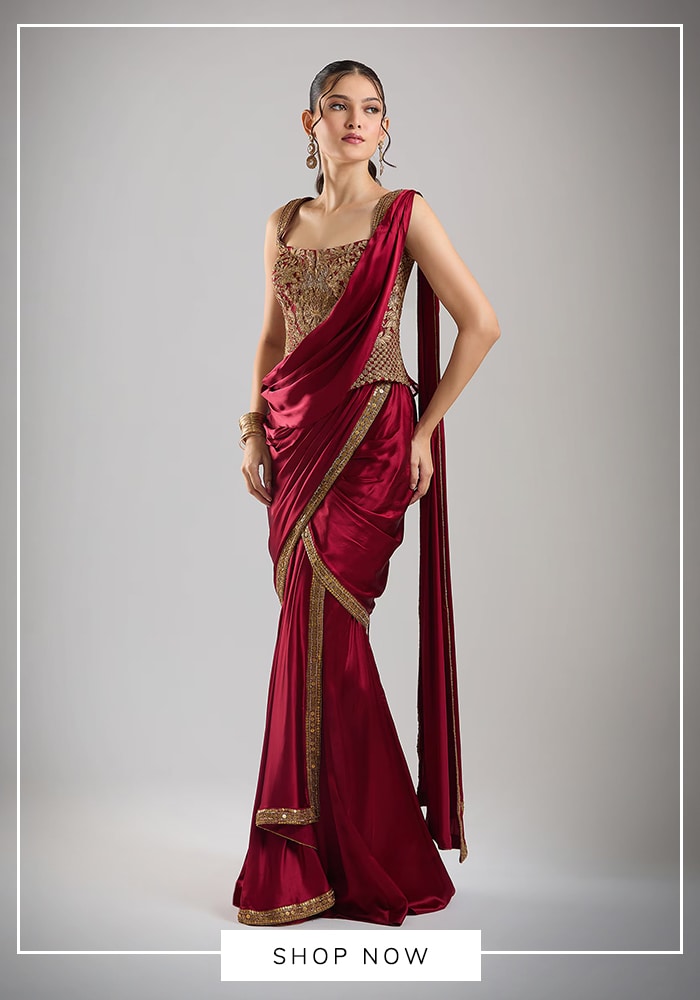 Tarun Tahiliani deep burgundy Banarasi silk concept sari with zardozi embroidered strapless corset, polki jewellery styling, festive Indian fashion