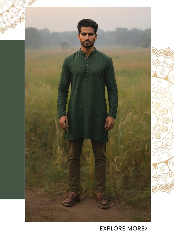 Forest green Nehru collar linen kurta for men with concealed buttons, styled with olive trousers and brown loafers against a misty open grassland — Aza Fashions