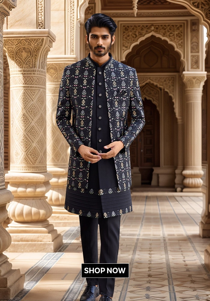 Arihant Rai Sinha Black Silk, Faux Leather Cut Work, Sequins, Beads Embroidered Jacket Set