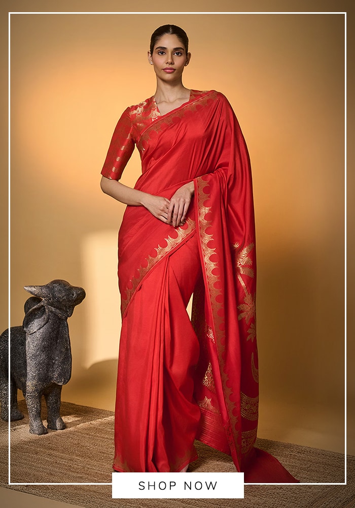 Masaba 
Red Silk Zari Tijila Saree With Unstitched Blouse Piece