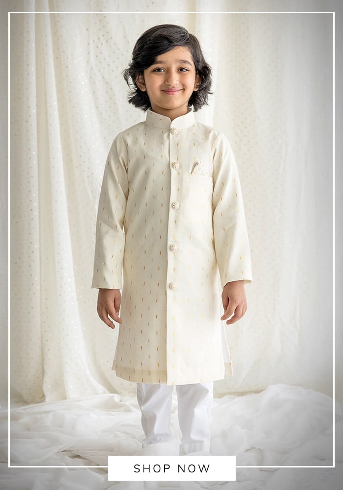 White embroidered sherwani set for boys
