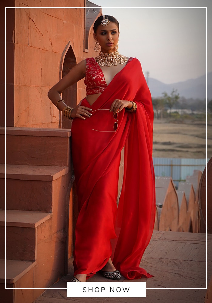 Monk & Mei By Sonia Anand 
Red , Silk, Cotton Ruhee Pre-draped Saree With Bloom Brocade Blouse