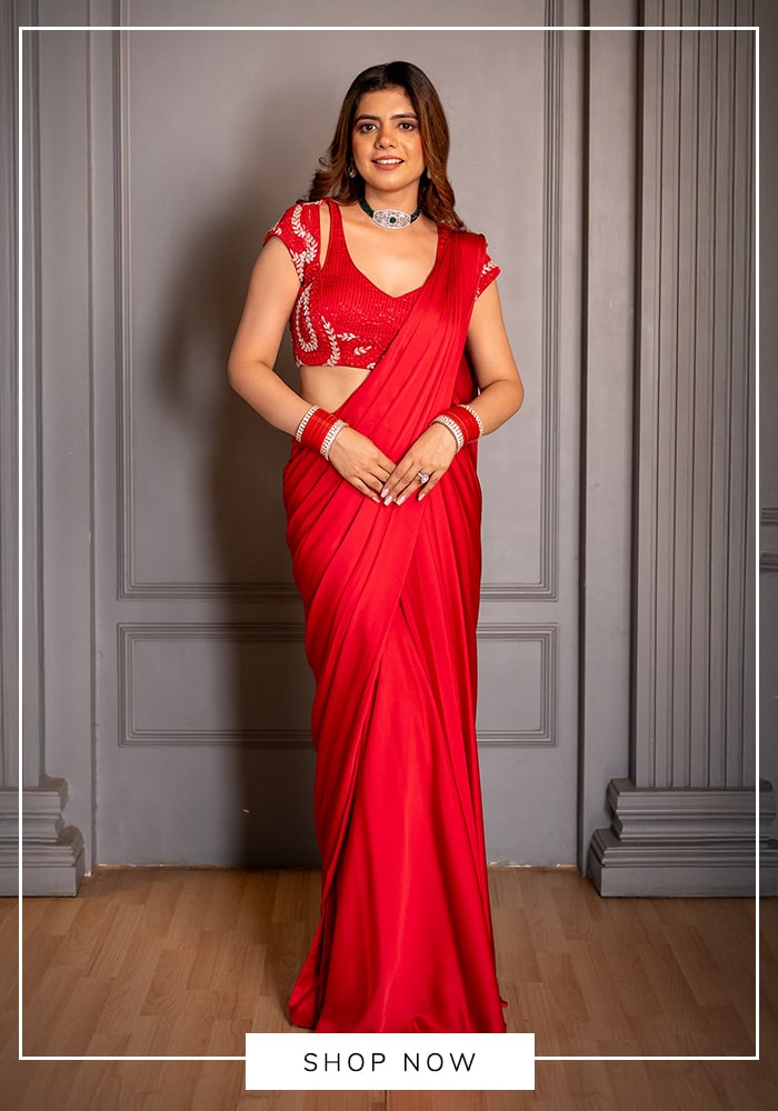 Ritika Verma 
Red Satin Embroidery V-neck Zehra Cutdana Blouse With Saree
