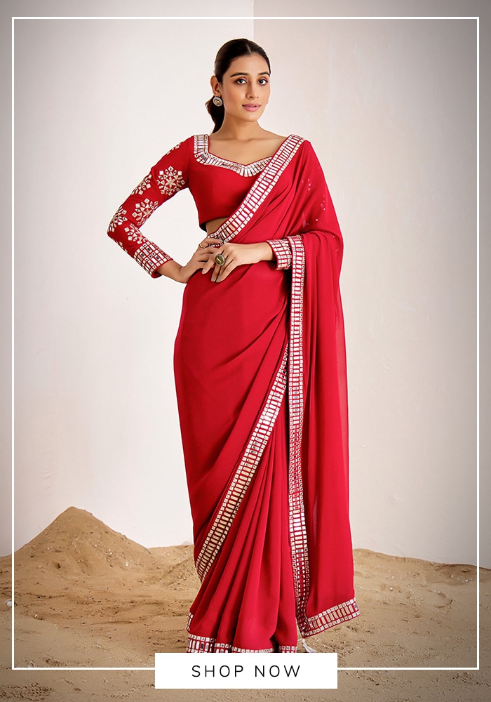 Suruchi Parakh 
Red Georgette Mirrors Asymmetric Border Embroidered Saree With Blouse
