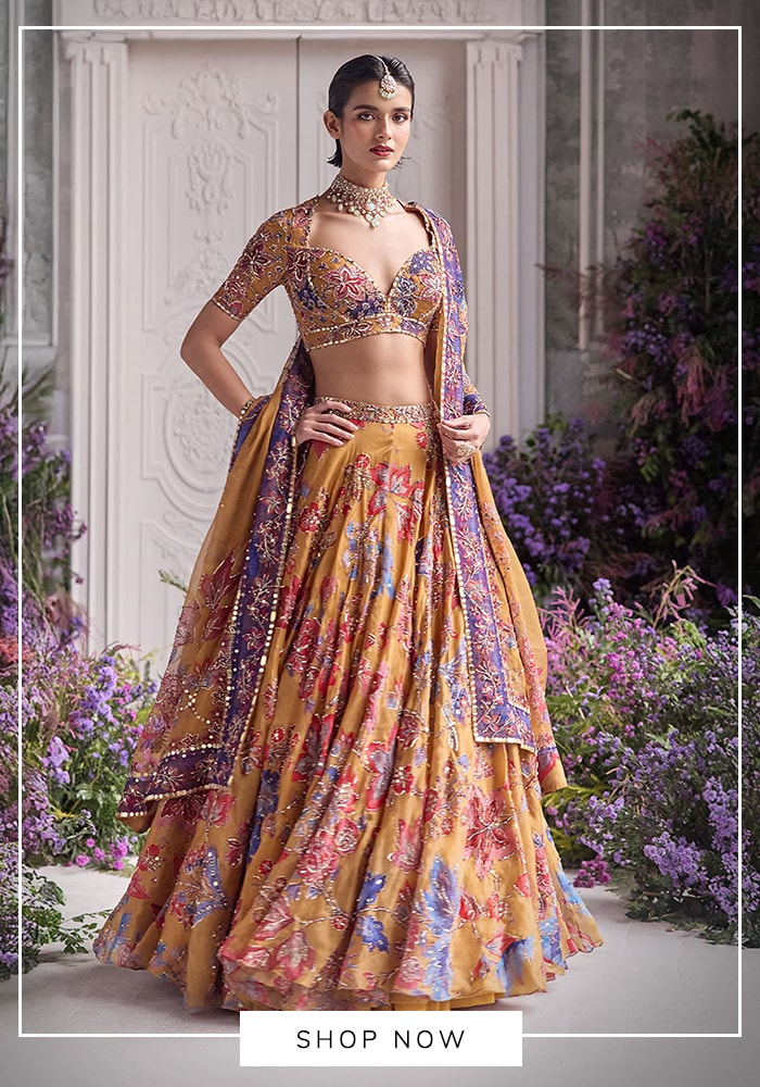 Mahima Mahajan 
Mustard Silk Organza Sequins, Zari, Embroidery Zena Floral Lehenga Set